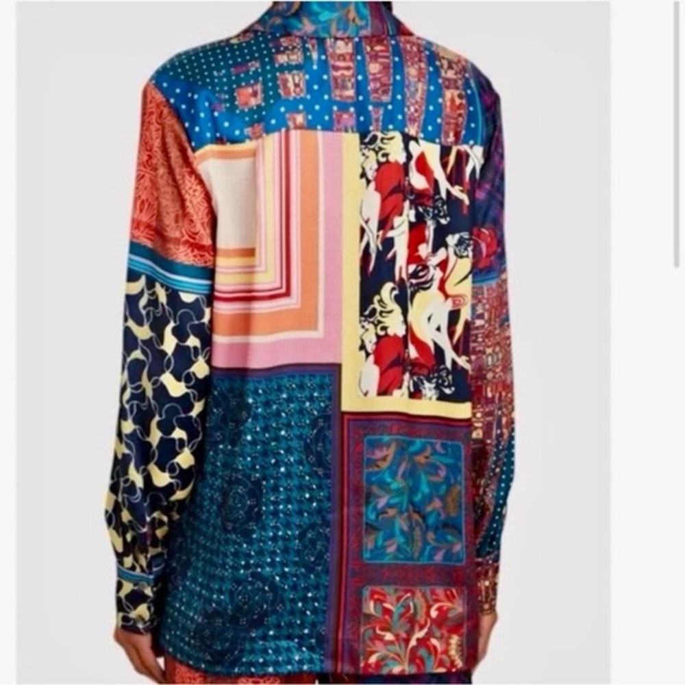 STAUD Martha Patchwork Satin Tunic Blouse L Colorblock Boho Top - Picture 3 of 13